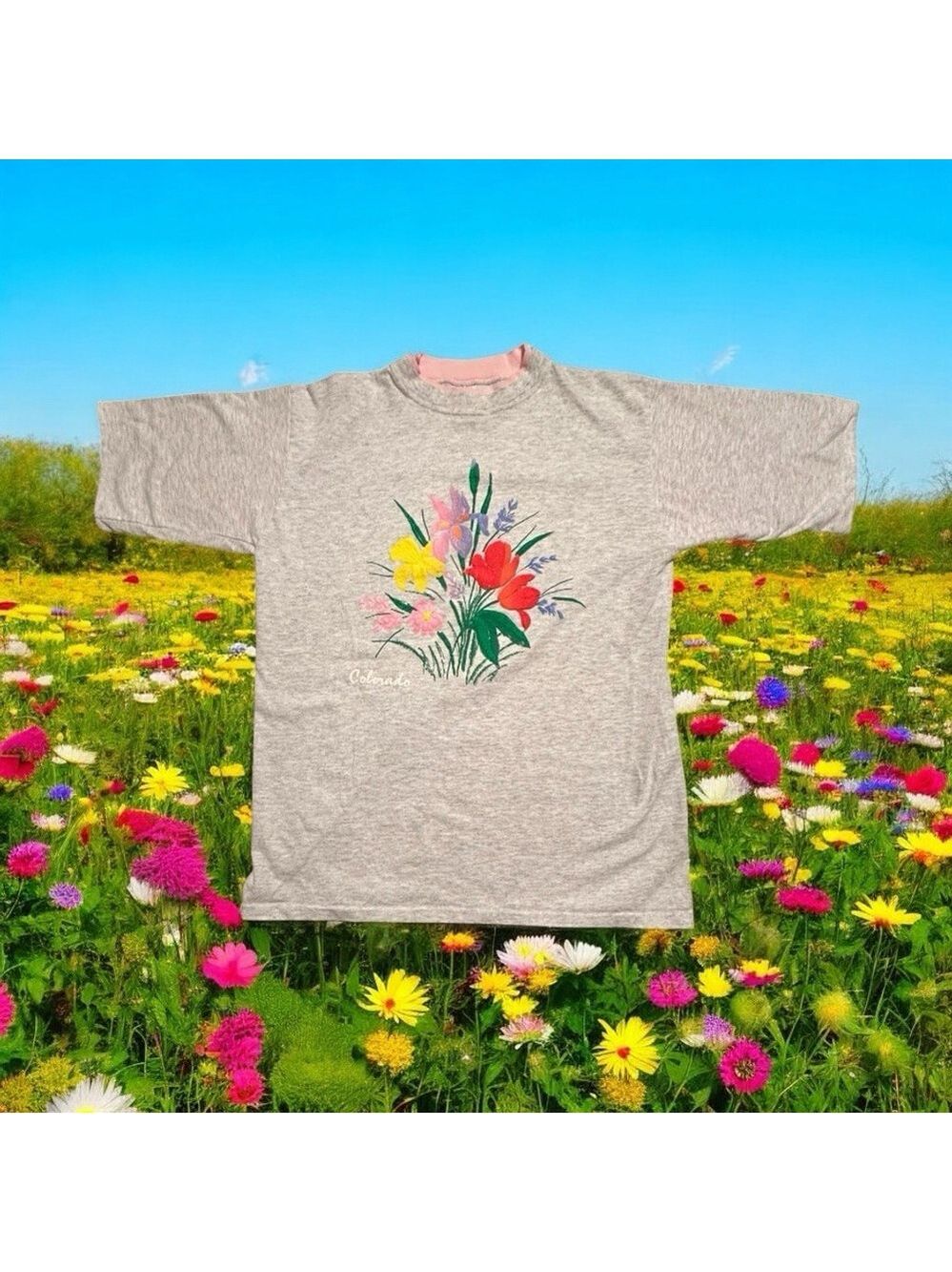 Vintage Alore Cotton Tee Shirt Raised Flower Art Womens Large Gray W/Pink Piping